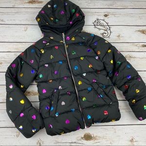Old Navy 8 Girls Puffer Jacket Rainbow Hearts Hood